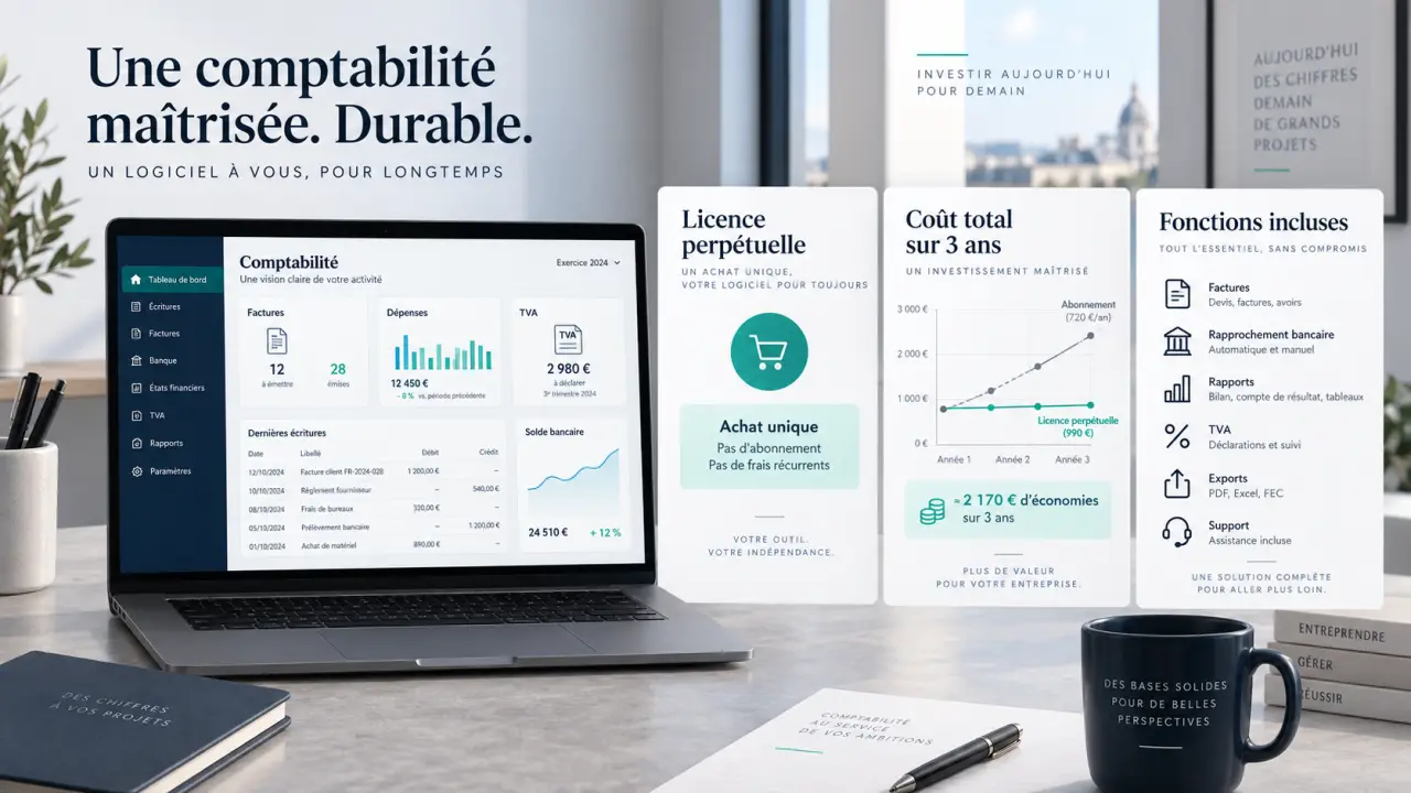 Achat d’un logiciel de comptabilité sans abonnement : comparez la licence, le coût total et les fonctions incluses