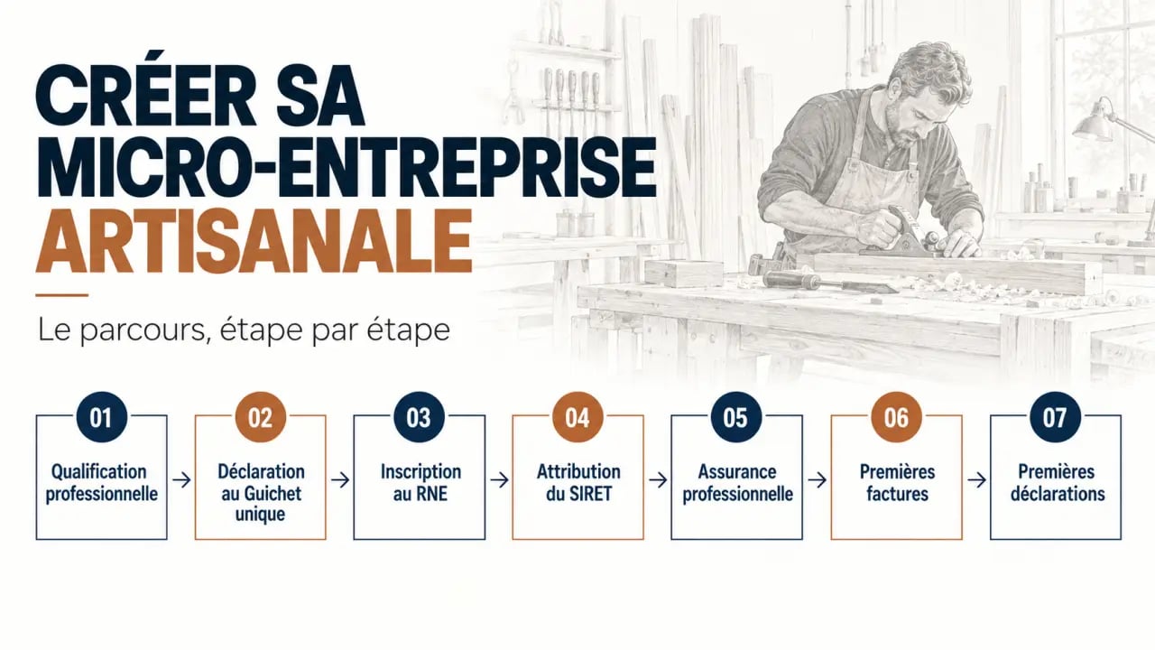 Parcours de création d'une micro-entreprise artisanale entre qualification, Guichet unique, RNE et premières déclarations