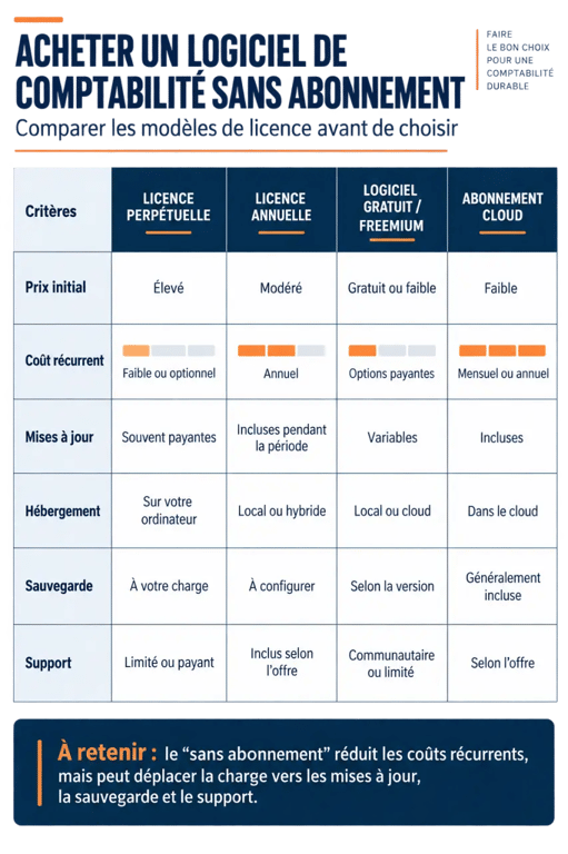 Infographie comparative sur l'achat d'un logiciel de comptabilité sans abonnement
