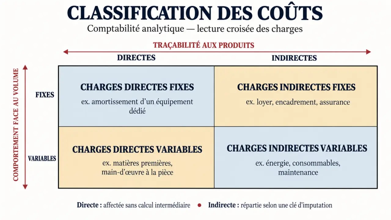 Schéma de classification des coûts en compta analytique : directes, indirectes, fixes et variables
