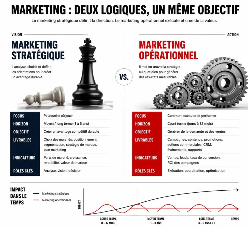 Schéma illustrant la différence entre marketing stratégique et marketing opérationnel pour une stratégie d'entreprise efficace