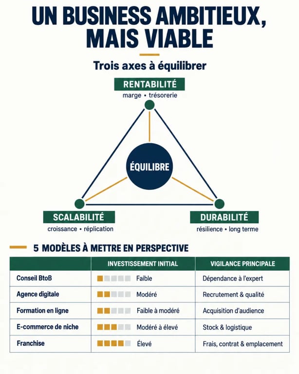 Infographie sur les critères d’un business ambitieux et les modèles entrepreneuriaux à comparer