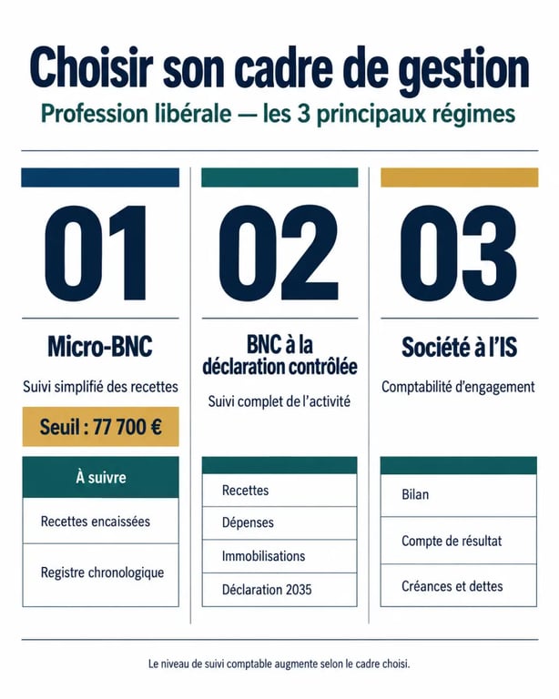 Logiciel comptabilité profession libérale : infographie des régimes micro-BNC, BNC réel et société à l'IS