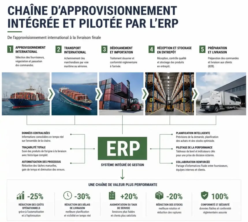 Schéma illustrant le fonctionnement d'un ERP négoce pour la gestion de la supply chain et des stocks