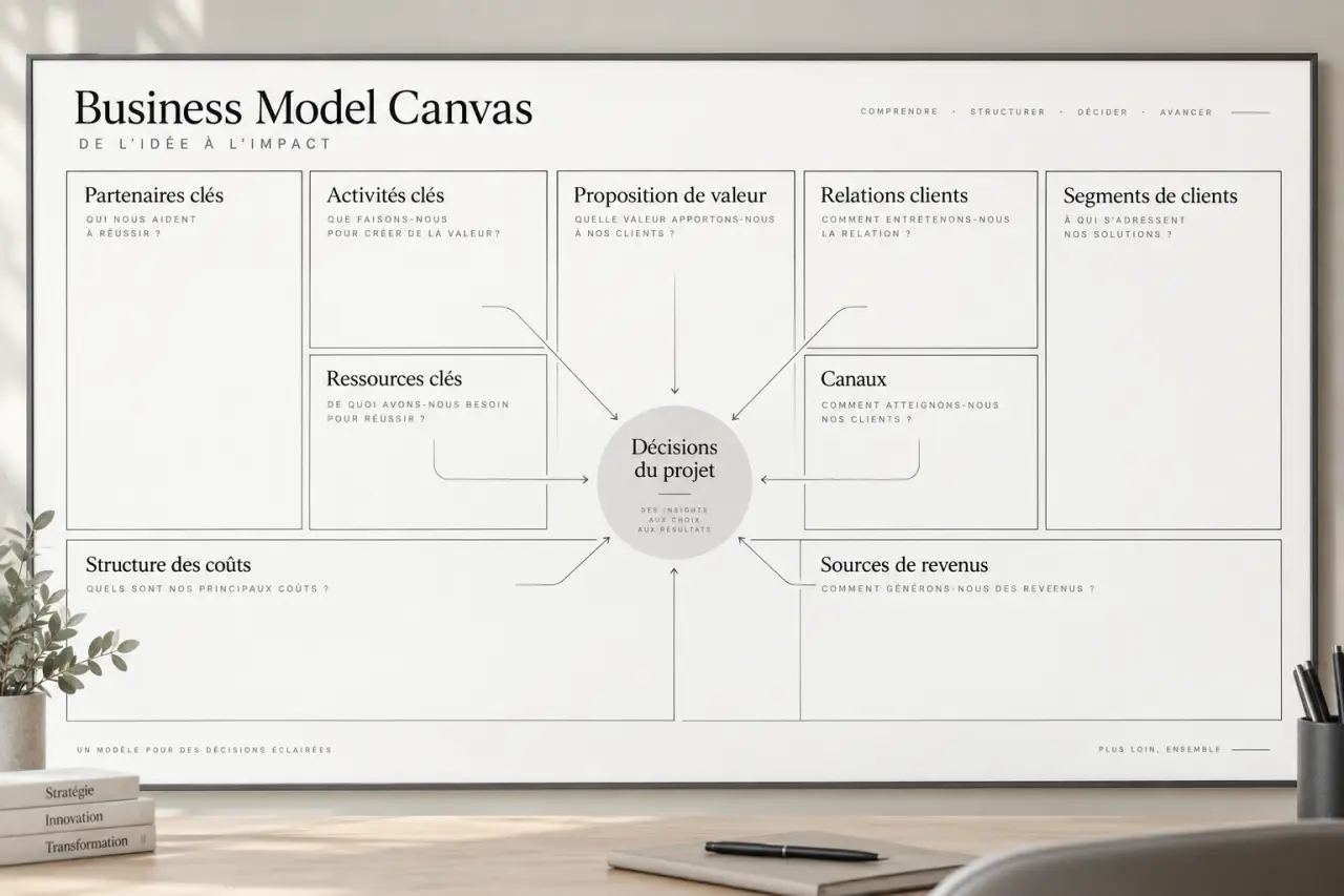 Le business model canvas à remplir relie les 9 cases aux décisions du projet