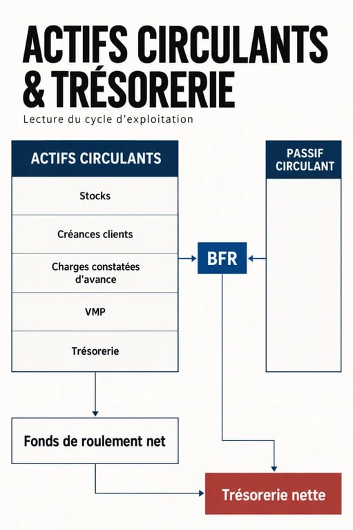 Schéma des actifs circulants, du BFR, du fonds de roulement et de la trésorerie nette