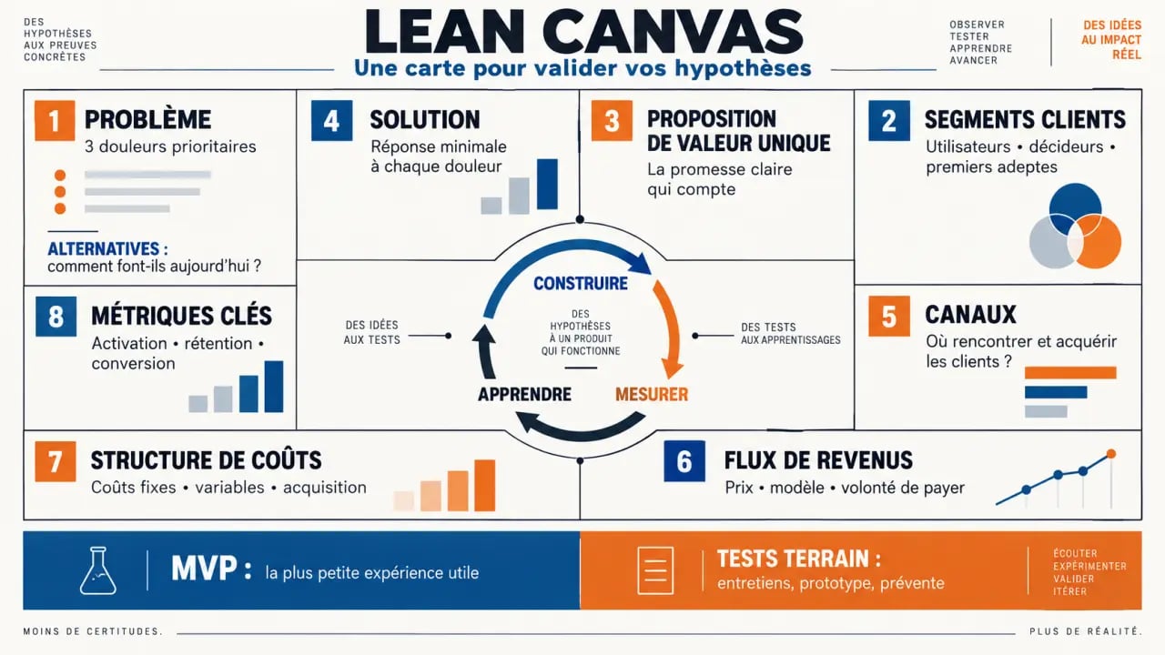 Infographie du Lean Startup Model Canvas et de ses neuf blocs